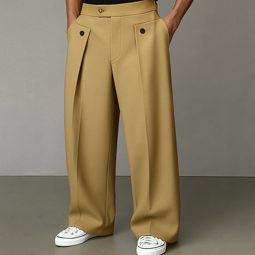Pantalon tendance pour homme, coupe large avec plis frontaux et boutons décoratifs
