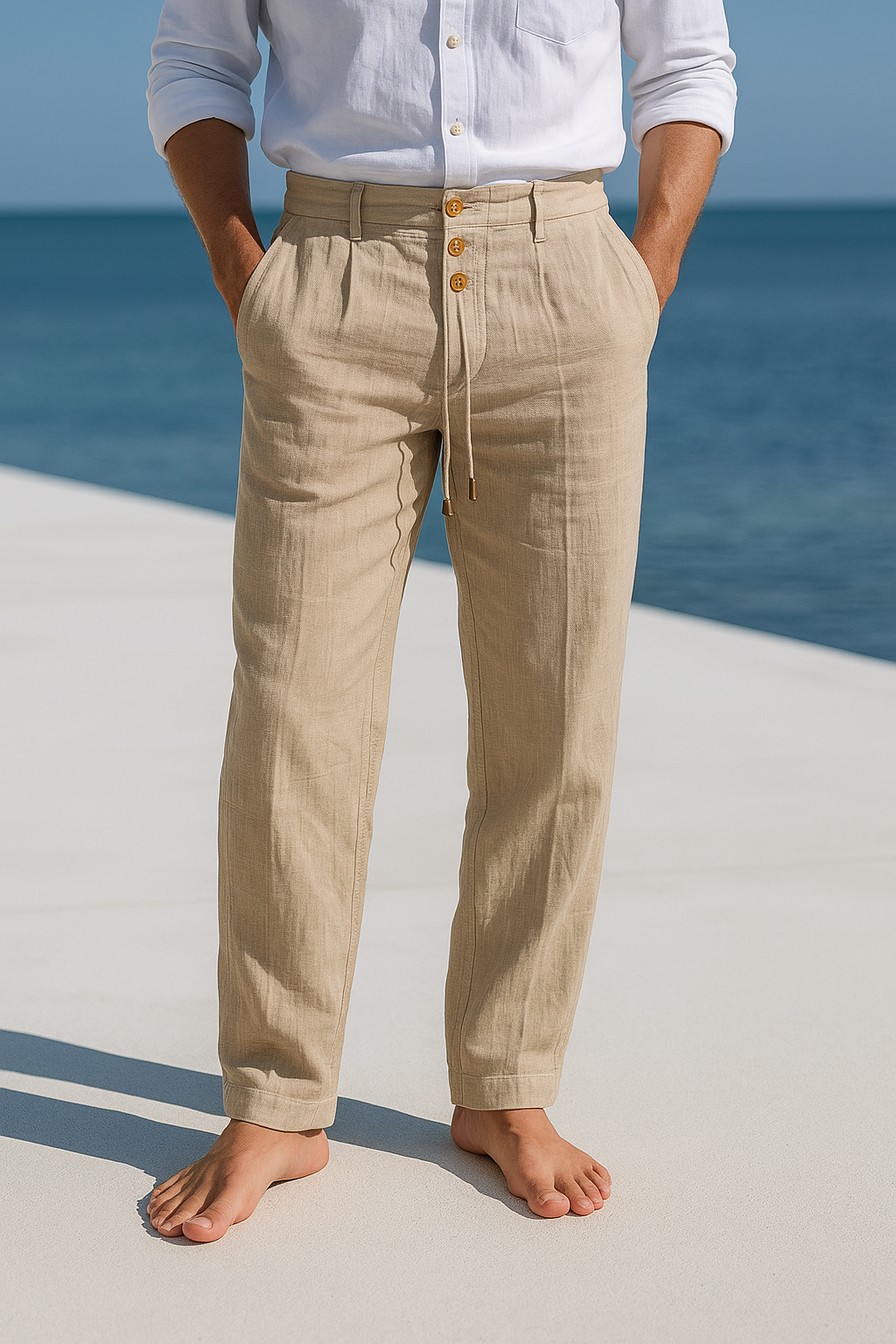 Pantalon d’été pour homme, en lin léger avec taille élastique et boutons frontaux