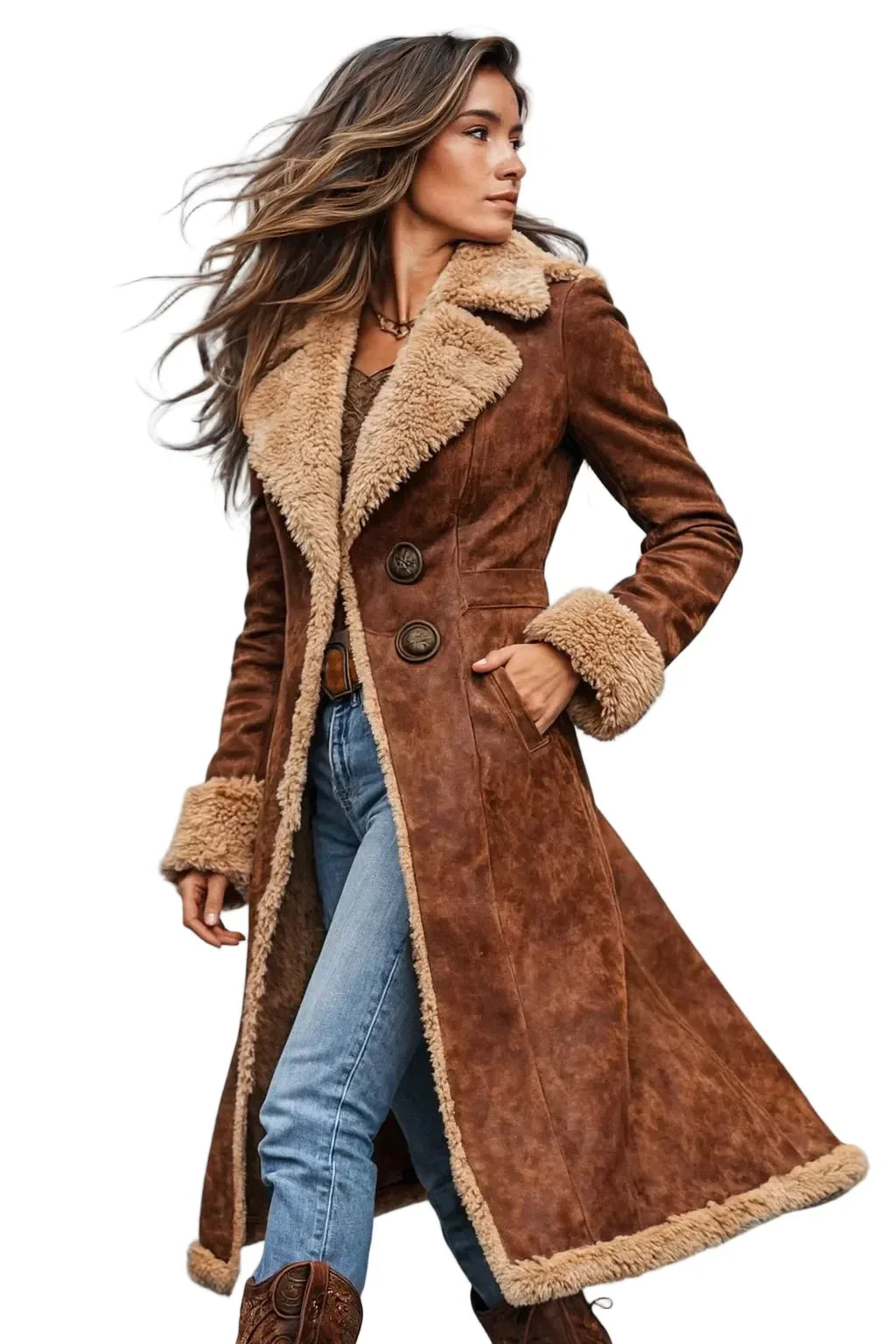 Manteau long vintage pour femme en daim avec doublure façon peau lainée, chaud et élégant pour l’hiver au quotidien