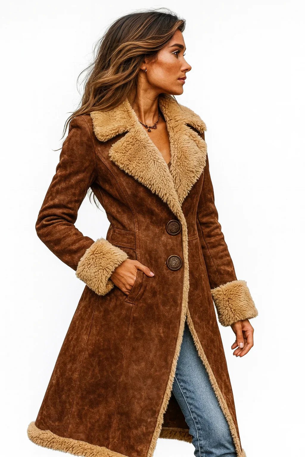 Manteau long vintage pour femme en daim avec doublure façon peau lainée, chaud et élégant pour l’hiver au quotidien