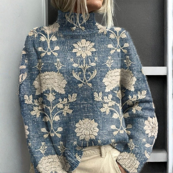 Pull à col montant pour femme, design floral classique avec motif détaillé