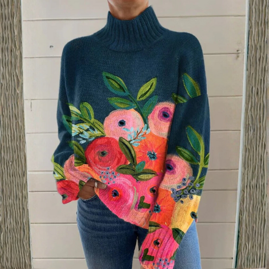 Pull à col montant pour femme, design floral artistique aux couleurs vives et silhouette ajustée