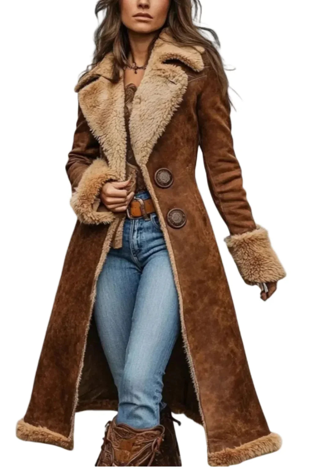Manteau long vintage pour femme en daim avec doublure façon peau lainée, chaud et élégant pour l’hiver au quotidien