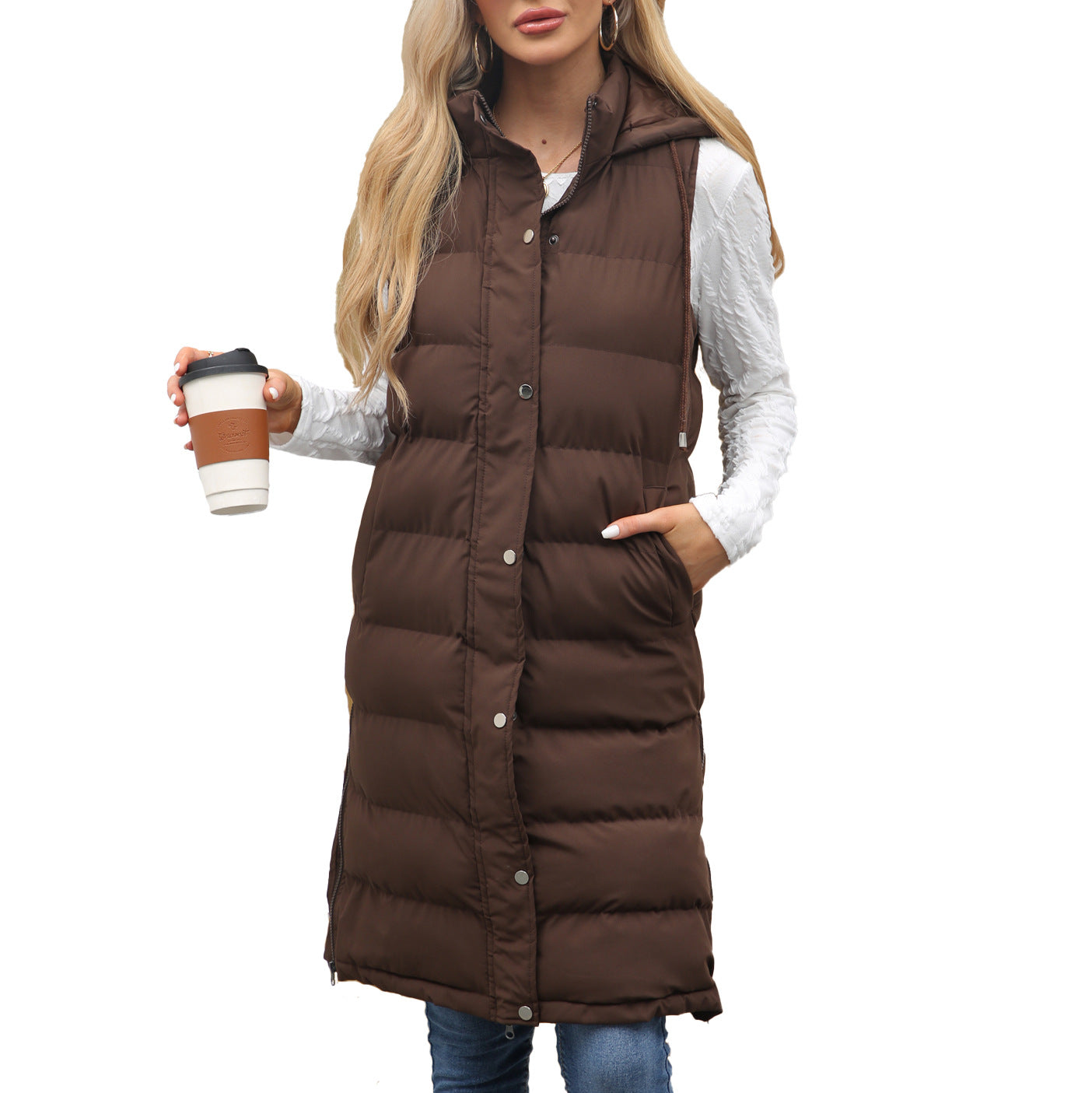 Gilet long matelassé à capuche pour femme en duvet, chaud et léger, idéal pour l’hiver