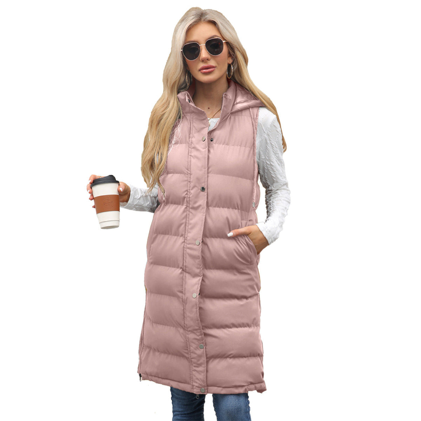Gilet long matelassé à capuche pour femme en duvet, chaud et léger, idéal pour l’hiver