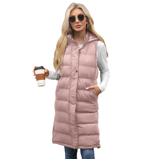 Gilet long matelassé à capuche pour femme en duvet, chaud et léger, idéal pour l’hiver