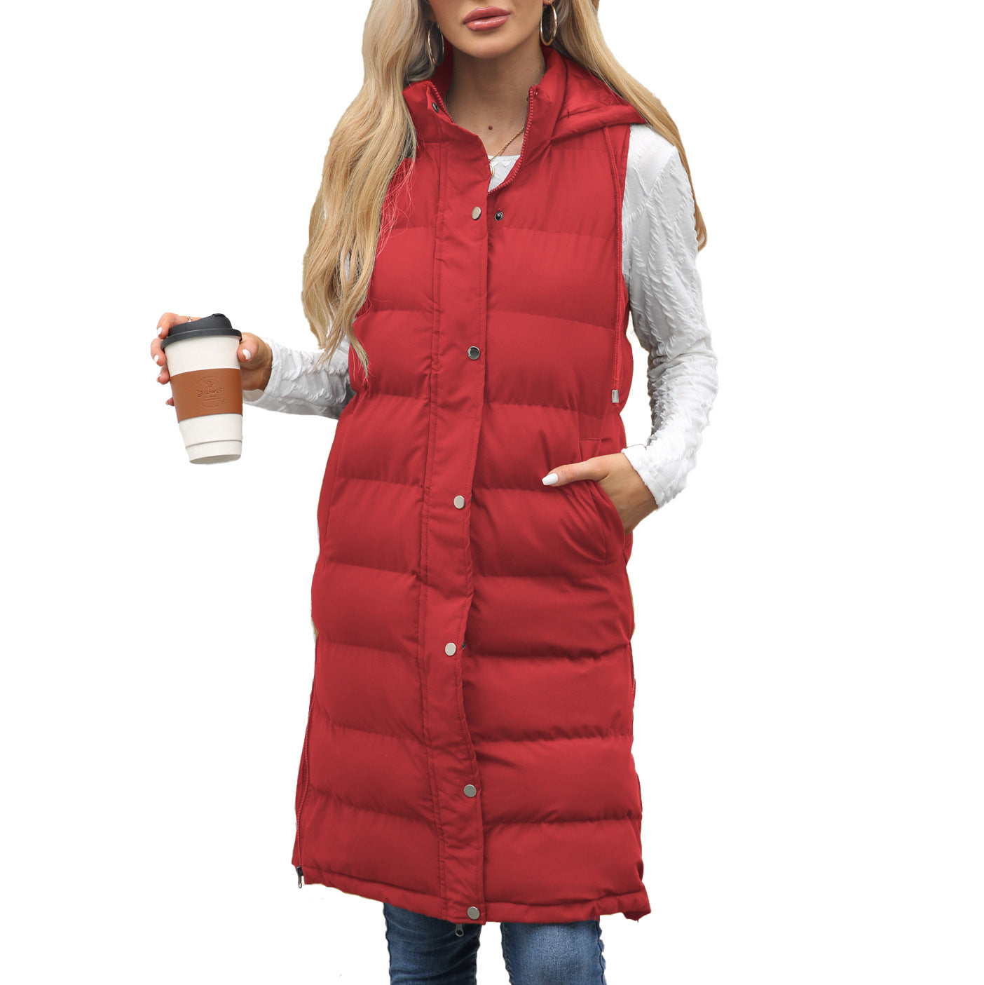 Gilet long matelassé à capuche pour femme en duvet, chaud et léger, idéal pour l’hiver