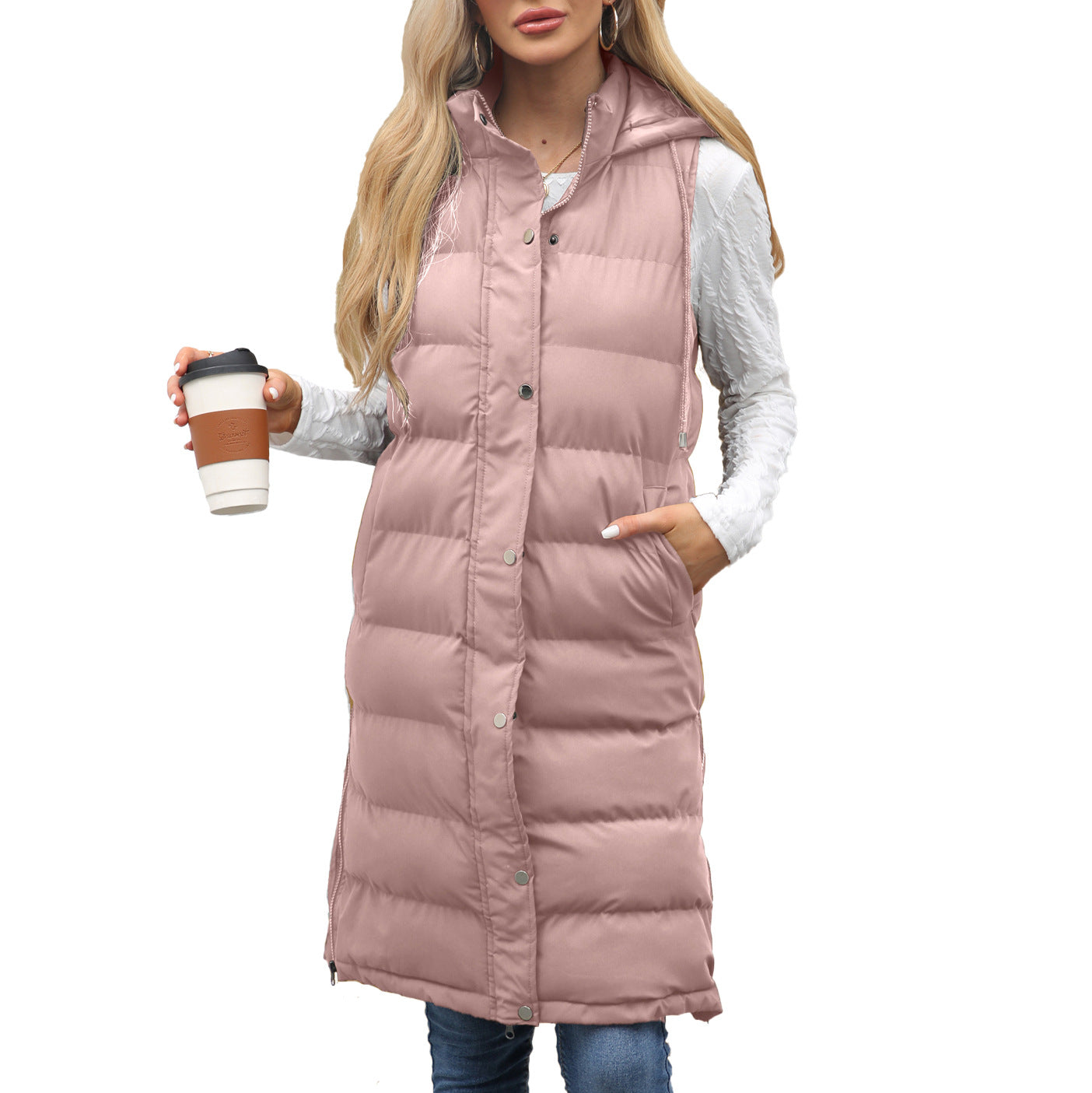 Gilet long matelassé à capuche pour femme en duvet, chaud et léger, idéal pour l’hiver