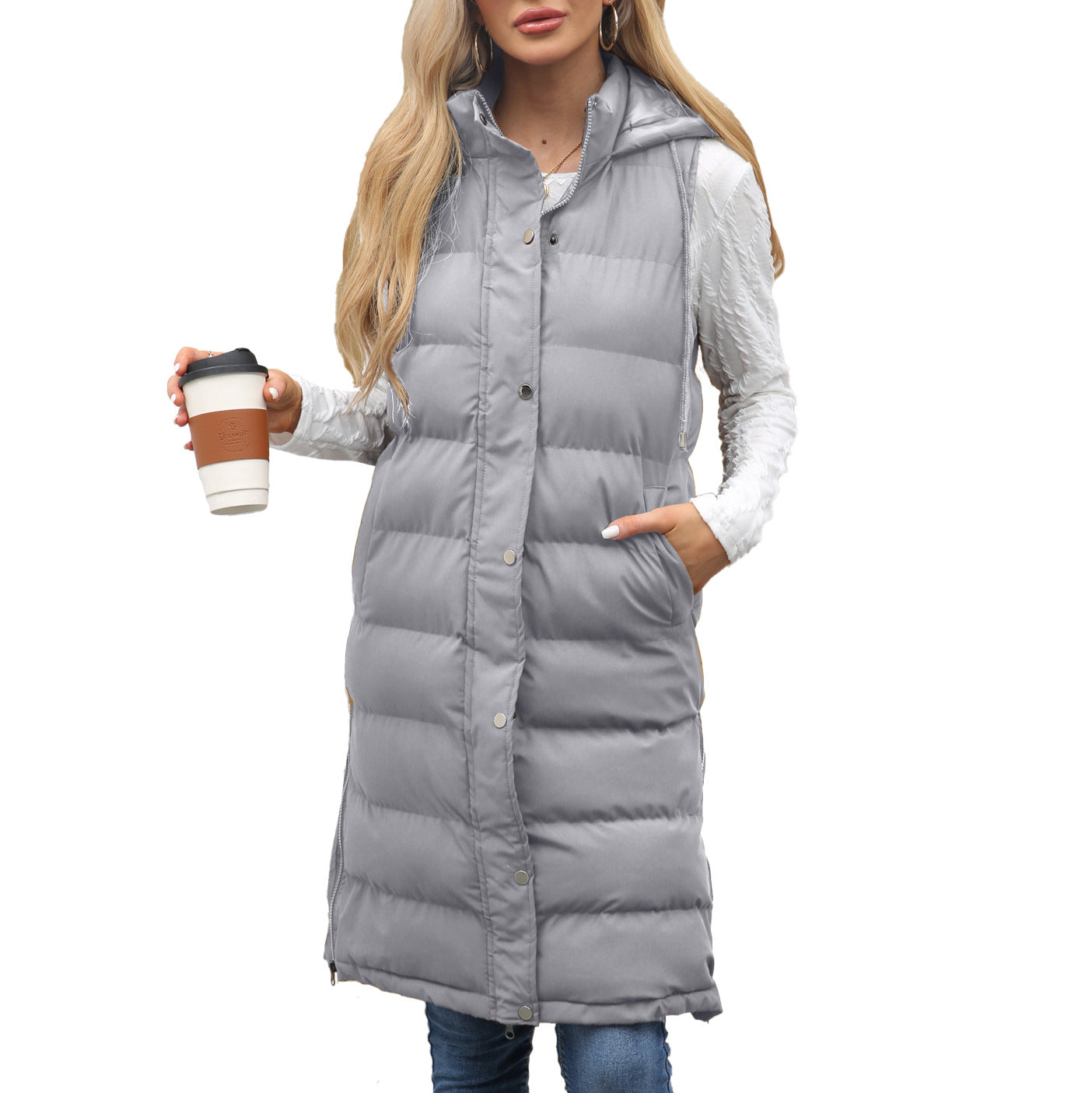 Gilet long matelassé à capuche pour femme en duvet, chaud et léger, idéal pour l’hiver