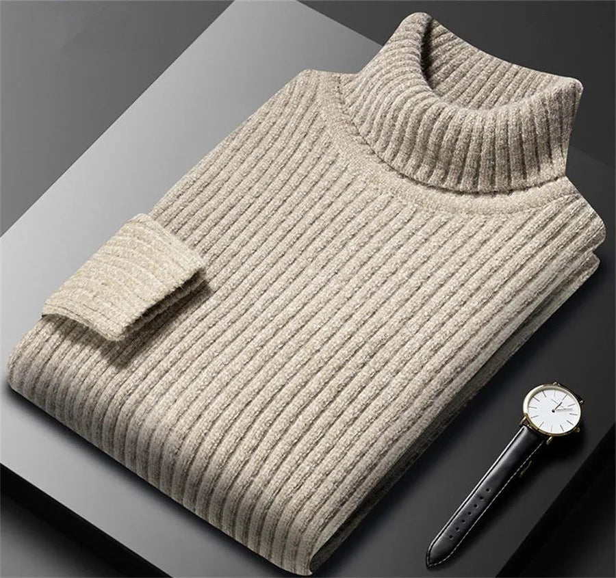 Pull à col montant pour homme, maille côtelée épaisse avec coupe confortable et design classique