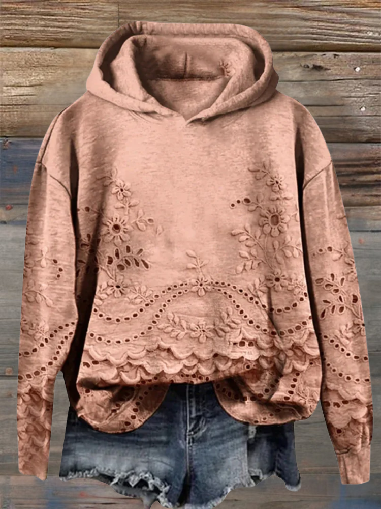 Sweat à capuche doux pour femme avec broderies florales détaillées, confortable et élégant