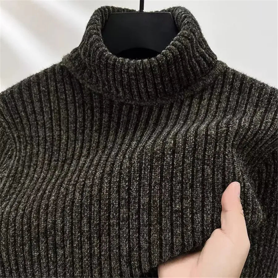 Pull à col montant pour homme, maille côtelée épaisse avec coupe confortable et design classique