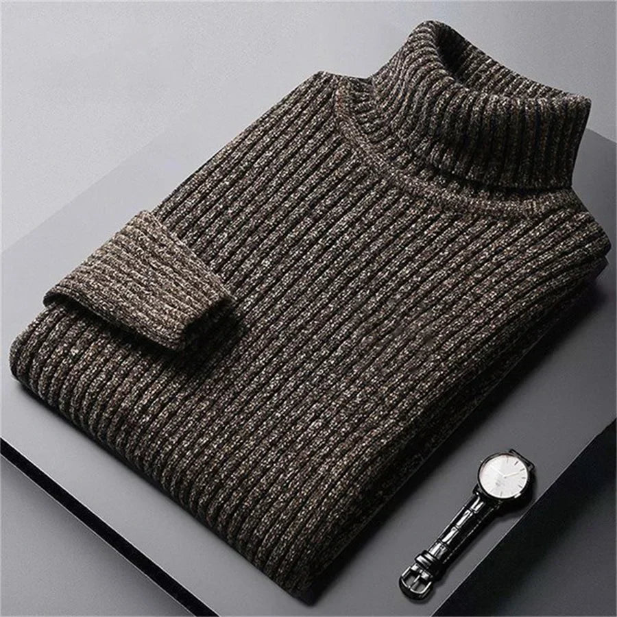 Pull à col montant pour homme, maille côtelée épaisse avec coupe confortable et design classique