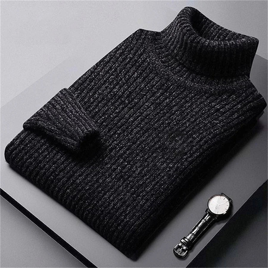 Pull à col montant pour homme, maille côtelée épaisse avec coupe confortable et design classique