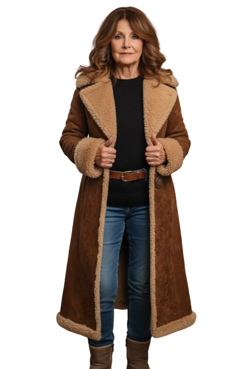 Manteau long vintage pour femme en daim avec doublure façon peau lainée, chaud et élégant pour l’hiver au quotidien