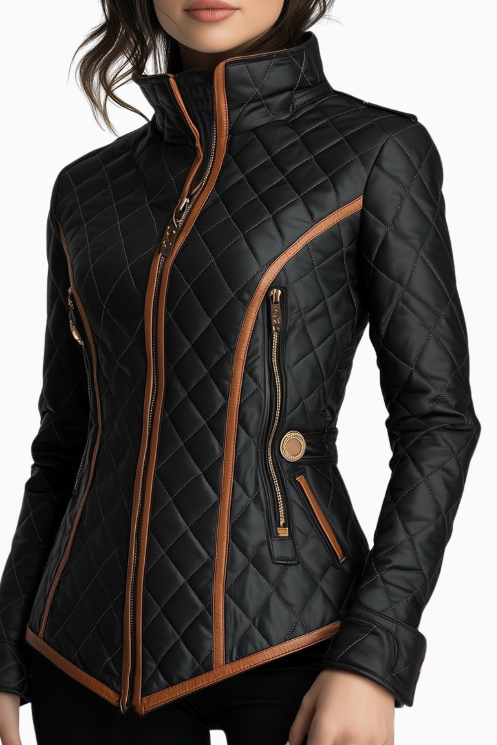 Veste matelassée pour femme, design matelassé en losanges avec fermeture zippée frontale et coupe ajustée