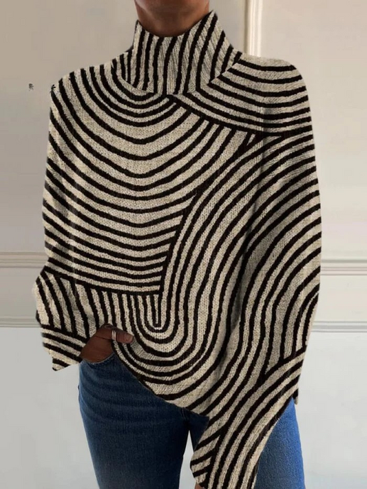 Pull à col montant pour femme, design de lignes dessinées à la main avec effet optique