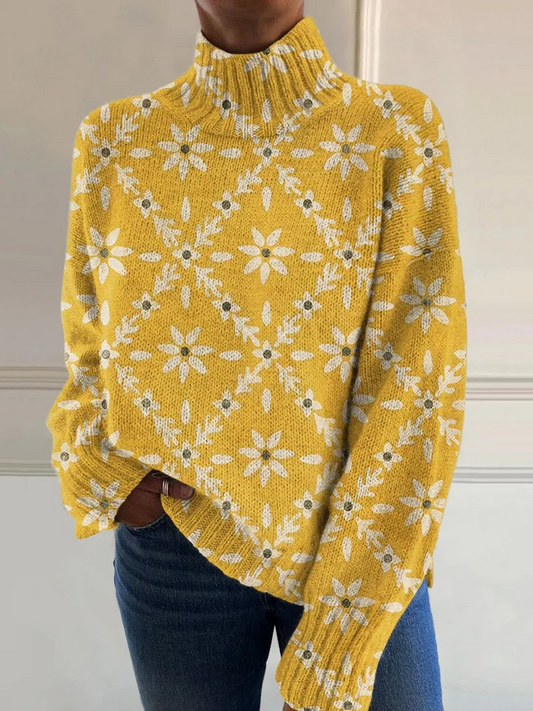 Pull à col montant pour femme, design floral vintage avec blocs de couleur et silhouette ample