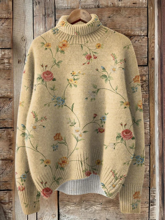Pull à col montant pour femme, design vintage avec imprimé floral délicat et silhouette ample