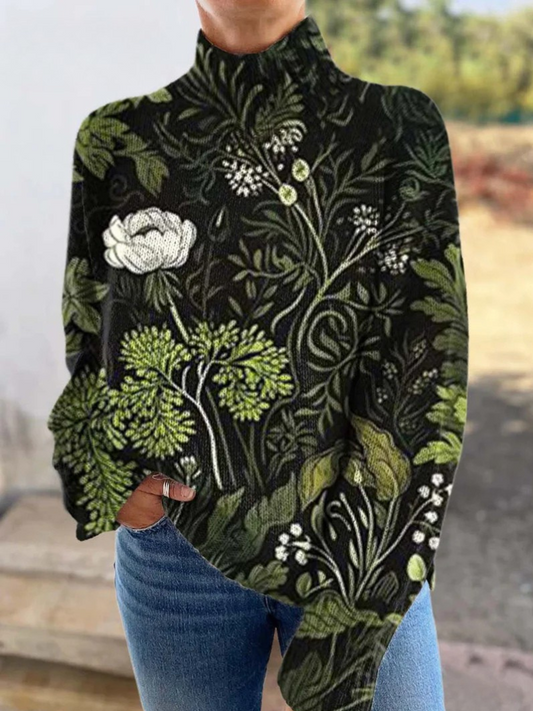 Pull à col montant pour femme, imprimé botanique avec fleurs et feuilles détaillées