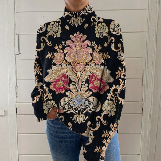 Pull à col montant, design floral vintage avec motifs ornementaux et silhouette ajustée
