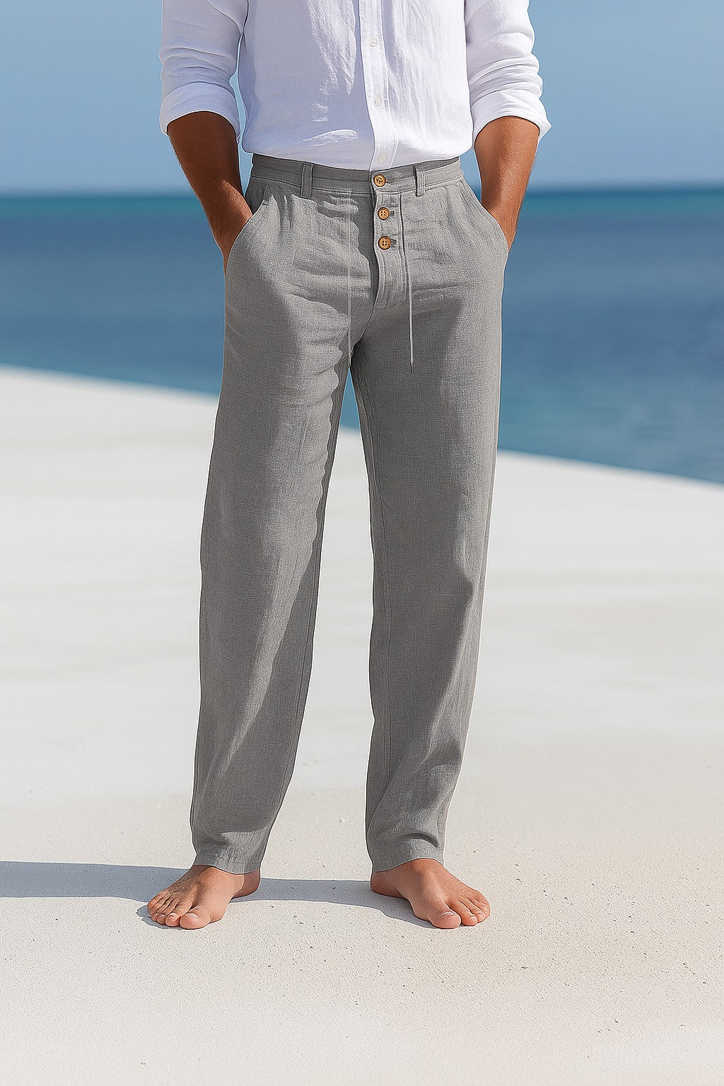 Pantalon d’été pour homme, en lin léger avec taille élastique et boutons frontaux