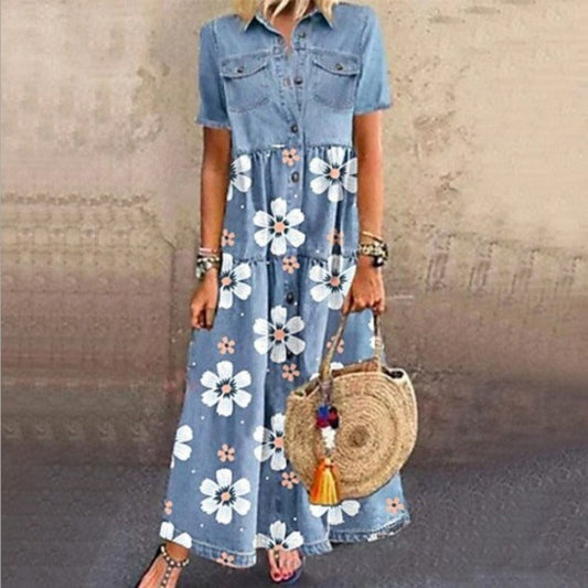 Robe longue en denim à imprimé floral, design féminin à manches courtes