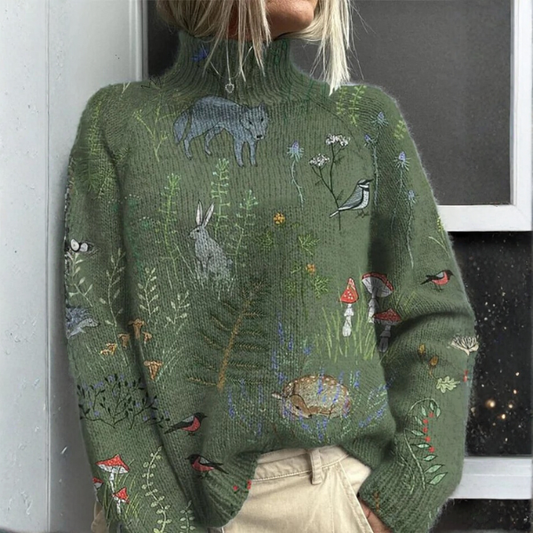 Pull à col montant pour femme, imprimé floral aux motifs naturels et coupe ample