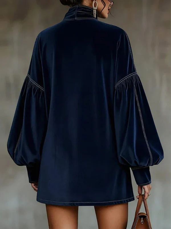 Mini-robe en velours pour femme avec manches bouffantes, col montant avec nœud, élégante et confortable
