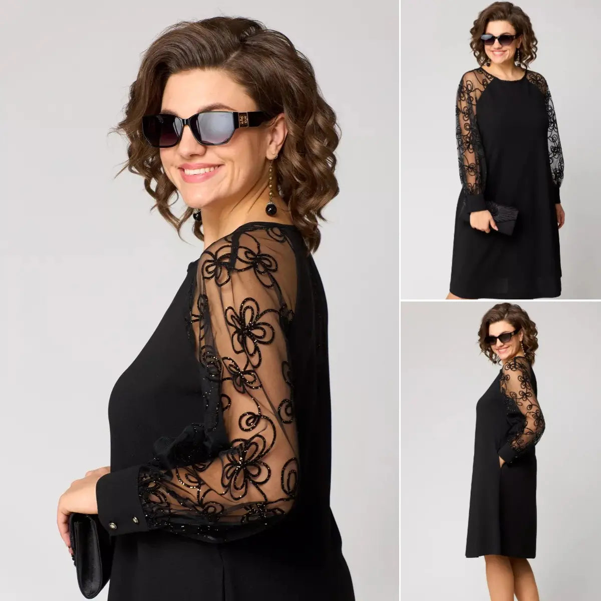Robe midi classique pour femme avec manches en dentelle, élégante et légère pour les fêtes