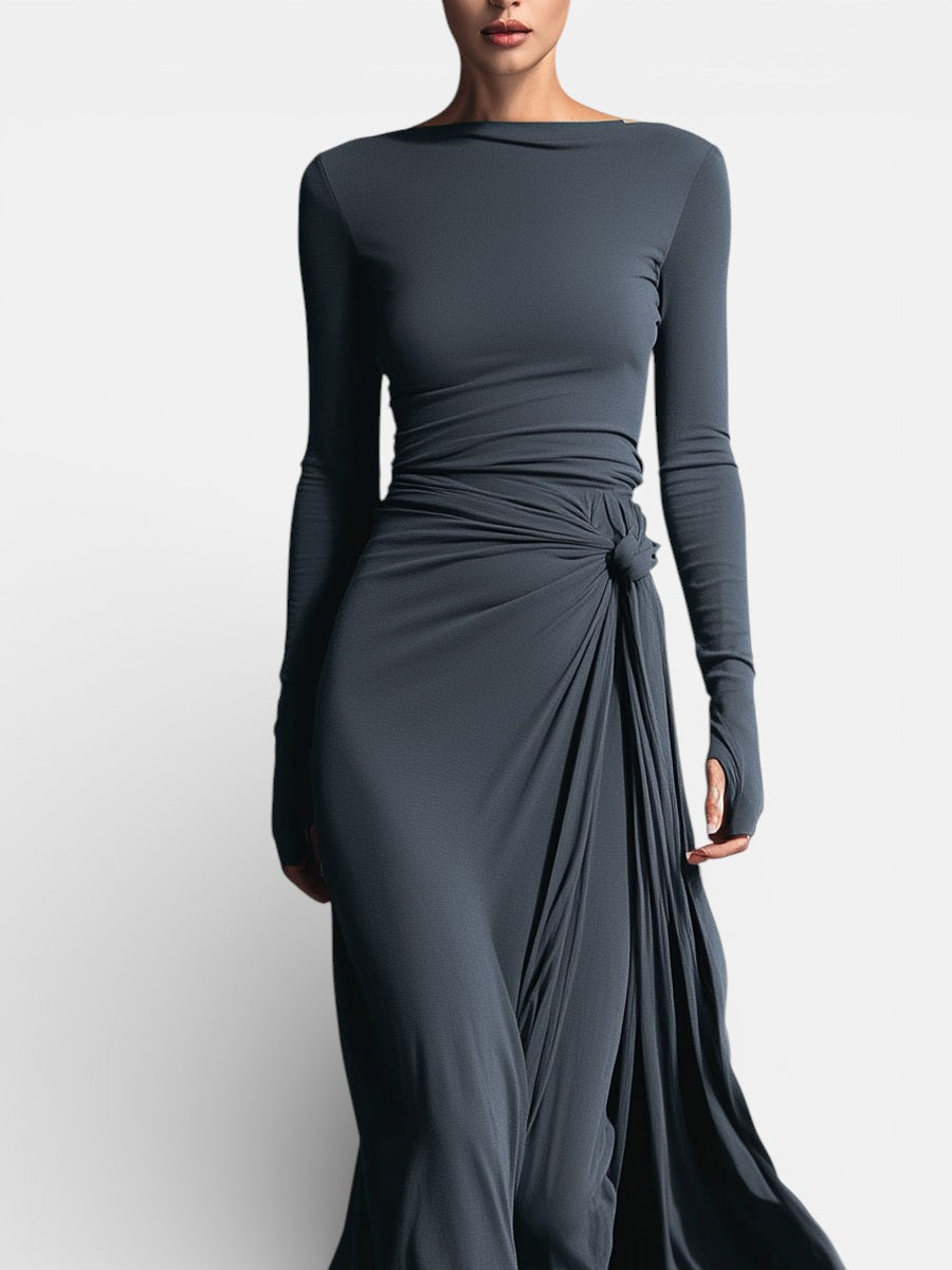 Robe longue pour femme avec nœud latéral, design élégant à manches longues et tombé fluide