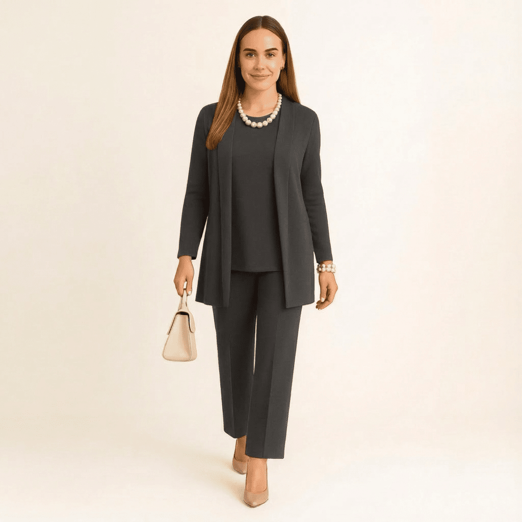 Ensemble pour femme avec veste, top et pantalon, doux, élégant et confortable
