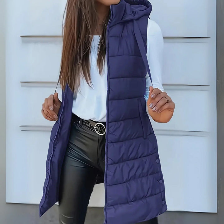 Gilet matelassé long sans manches pour femme, design décontracté avec capuche