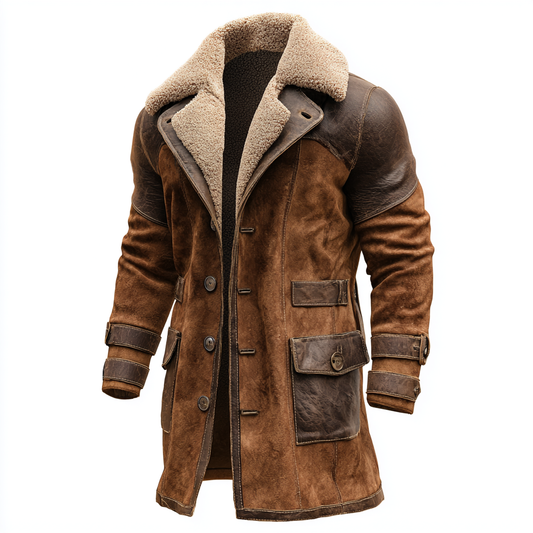 Manteau vintage en cuir marron pour homme avec doublure en laine, chaud et élégant pour l’hiver