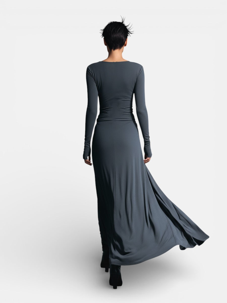 Robe longue pour femme avec nœud latéral, design élégant à manches longues et tombé fluide