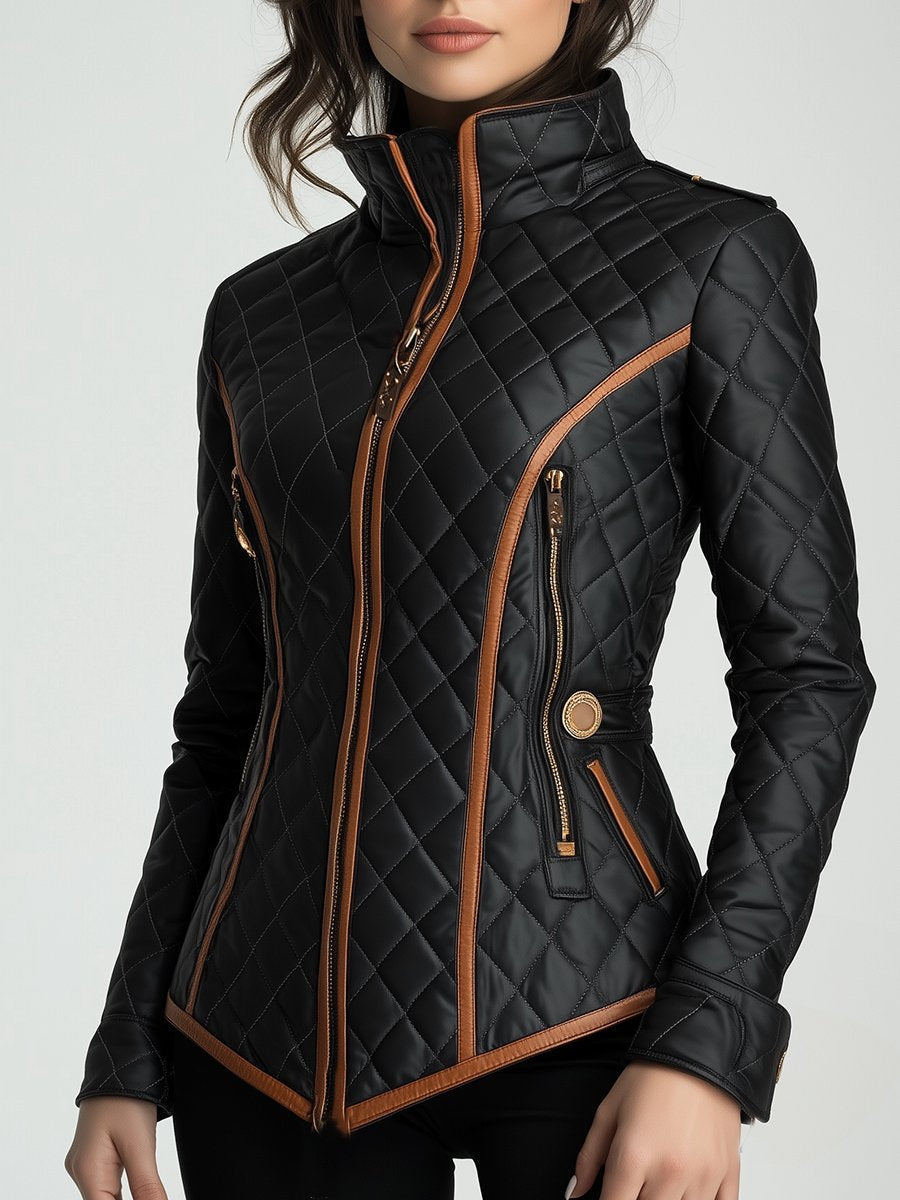 Veste matelassée pour femme, design matelassé en losanges avec fermeture zippée frontale et coupe ajustée