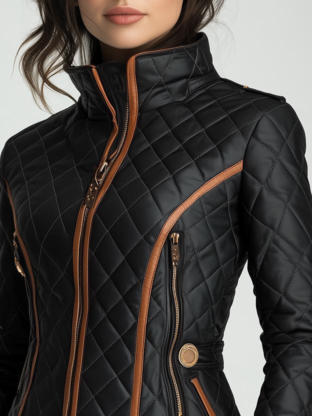 Veste matelassée pour femme, design matelassé en losanges avec fermeture zippée frontale et coupe ajustée