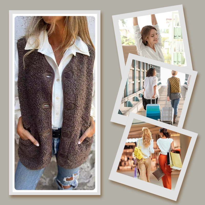 Gilet court pour femme avec boutons à l’avant, design chaud et texture douce effet peau de mouton