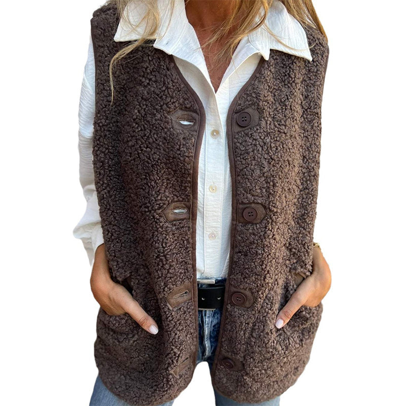 Gilet court pour femme avec boutons à l’avant, design chaud et texture douce effet peau de mouton